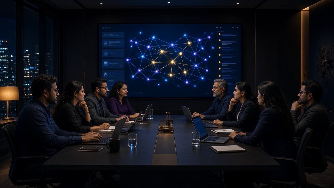 Professionals in a 22D AI adoption workshop around a table, with an AI interface on the wall.