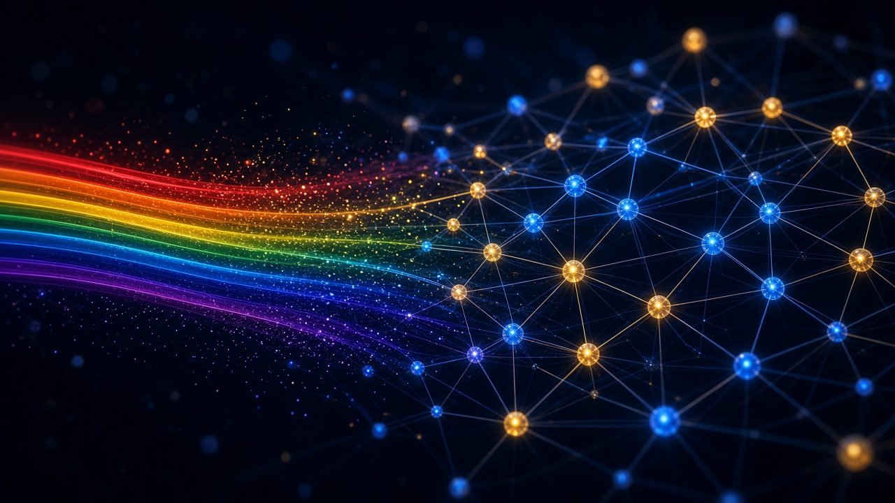 Abstract neural fabric in 22D spectrum colours — red through violet nodes on black.